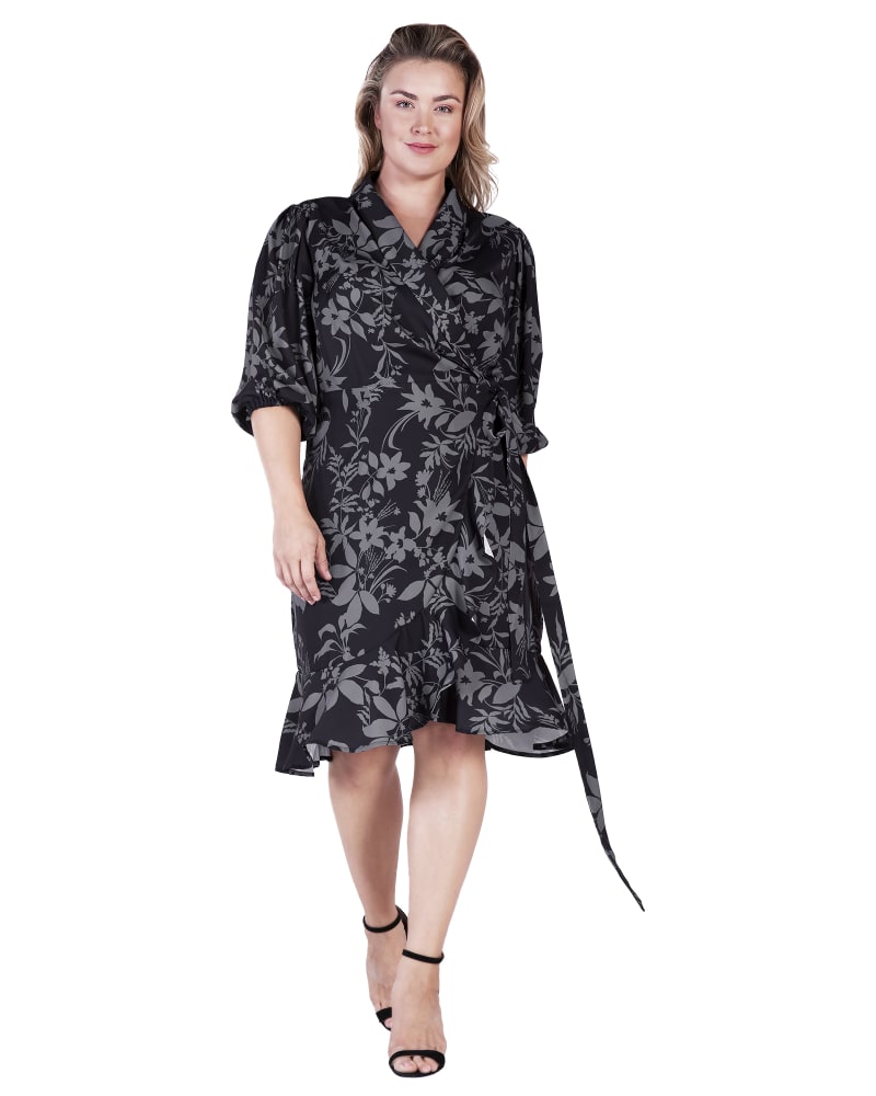Front of a model wearing a size 1X Chloe Ruffle Wrap Midi Dress in Black Grey Floarl by Standards & Practices. | dia_product_style_image_id:280546